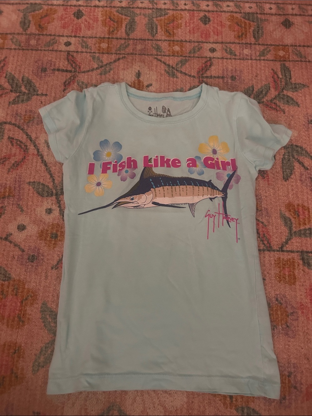 Guy Harvey Light Blue Girls' 'I Fish Like a Girl' Tee with Floral Marlin Graphic
